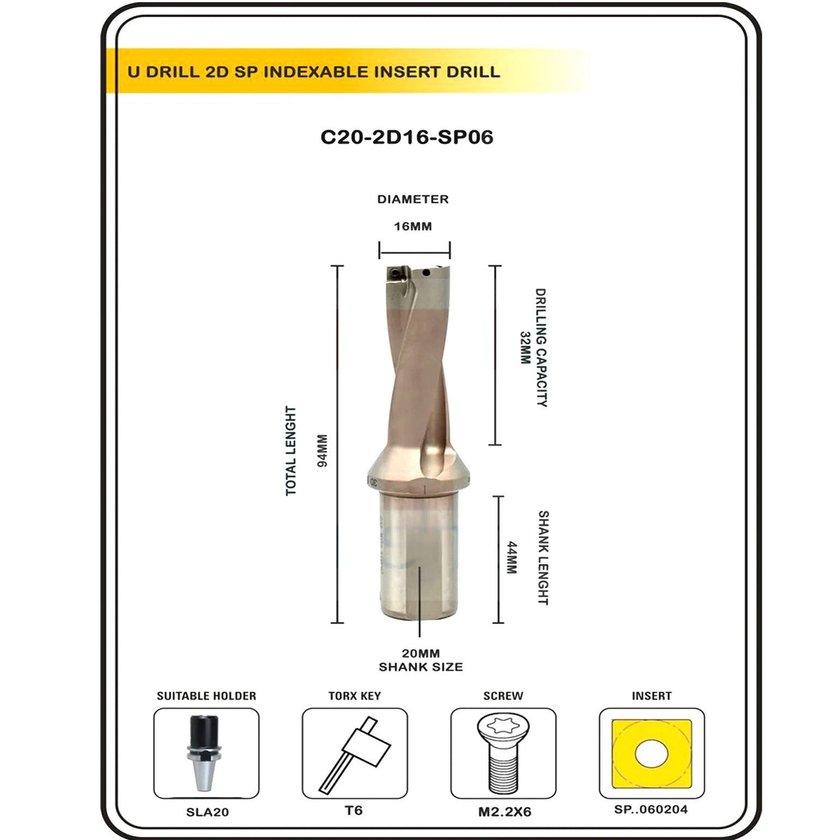 Indexable Insert U Drill 16 MM II Weldon Shank II Through Coolant II 10 pcs Carbide Inserts FREE