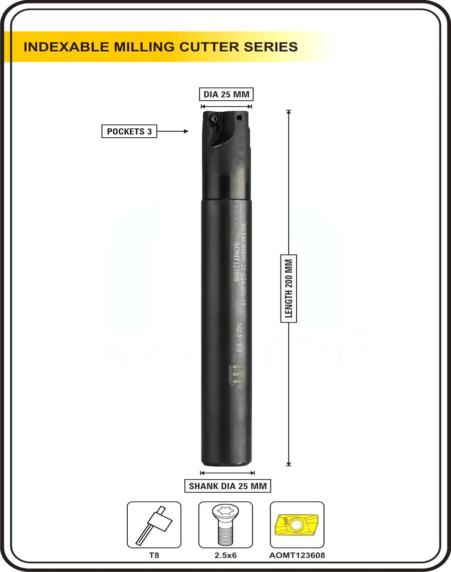 Indexable Insert Endmill 25MM II 3 Pocket II 10 Pcs AOMT123608 Carbide Inserts Free