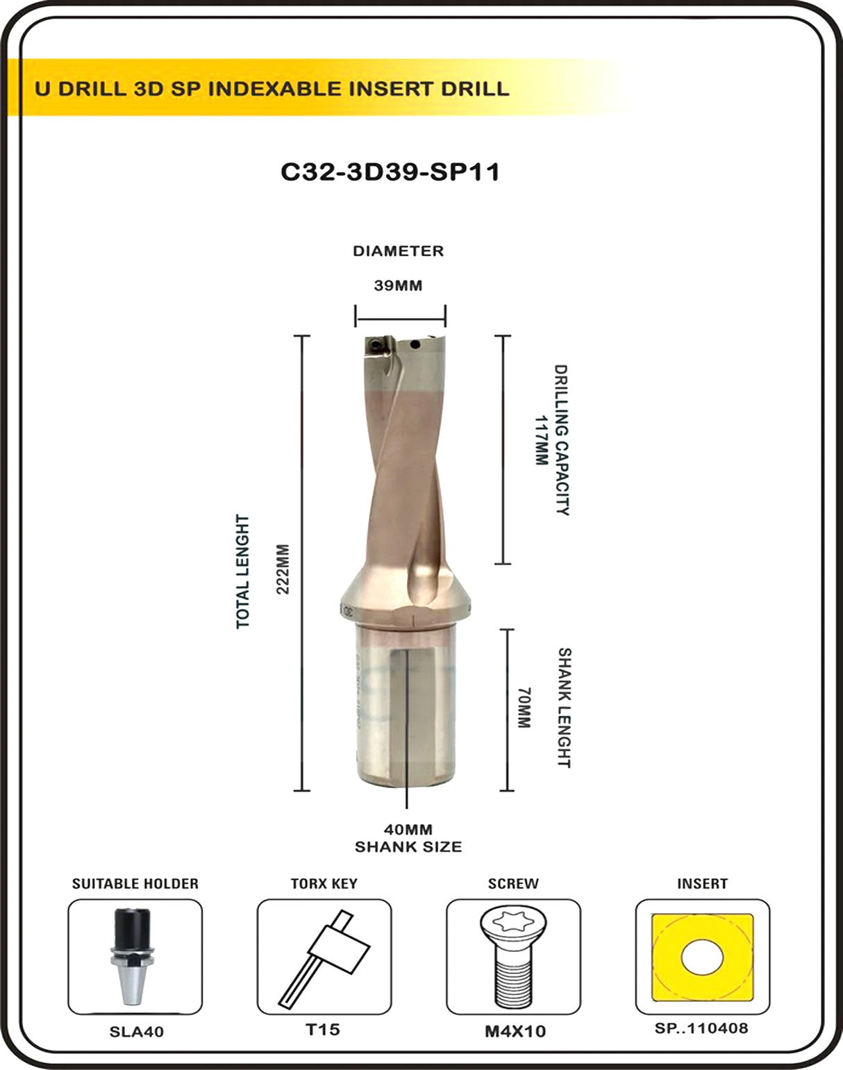 Indexable Insert U Drill 39 MM II Weldon Shank II Through Coolant II 10 pcs Carbide Inserts FREE