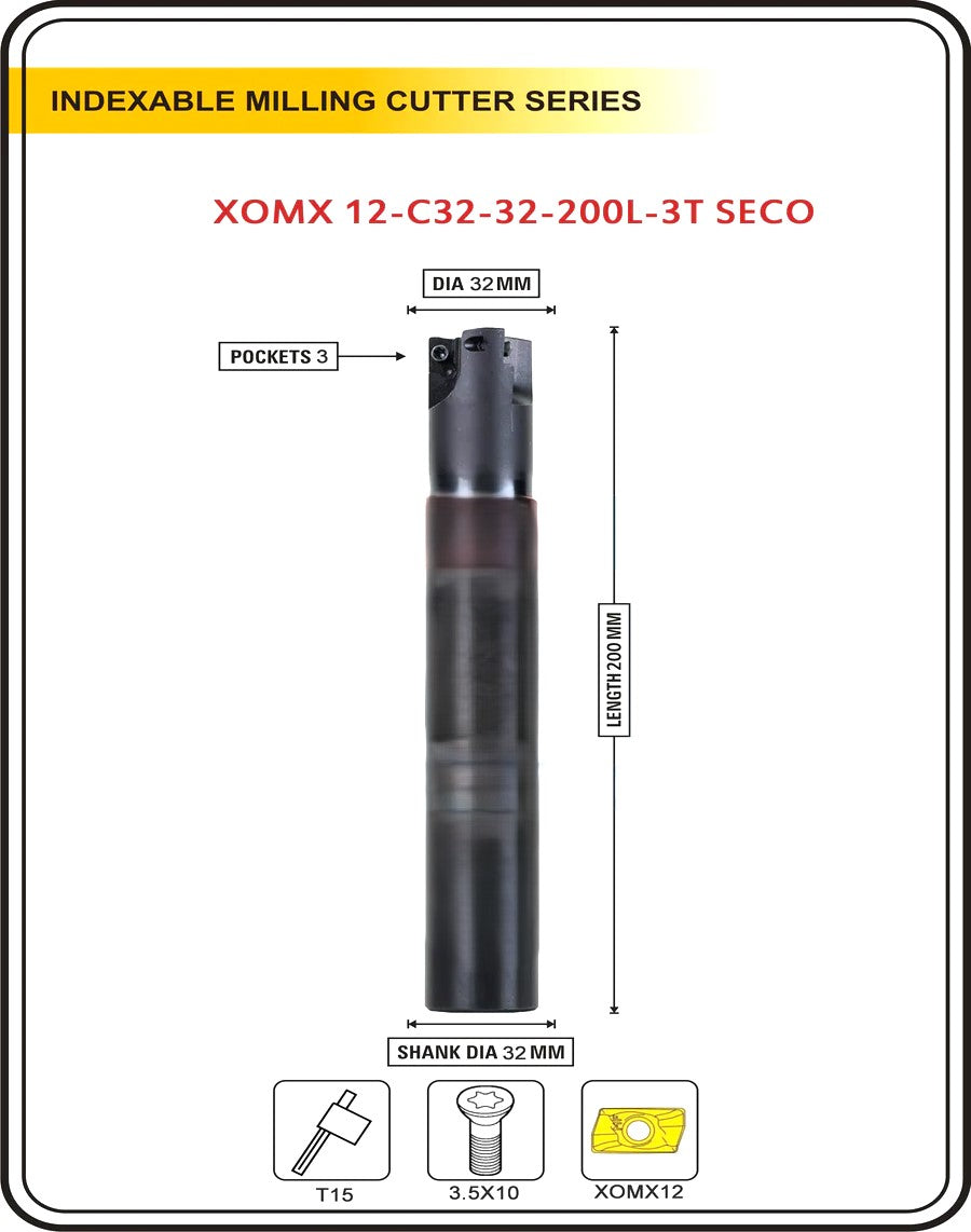 Diameter 32 mm I Shank 25 mm ~ Indexable Insert Endmill 200 Length II 10 Pcs XOMX1204 Carbide Inserts Free