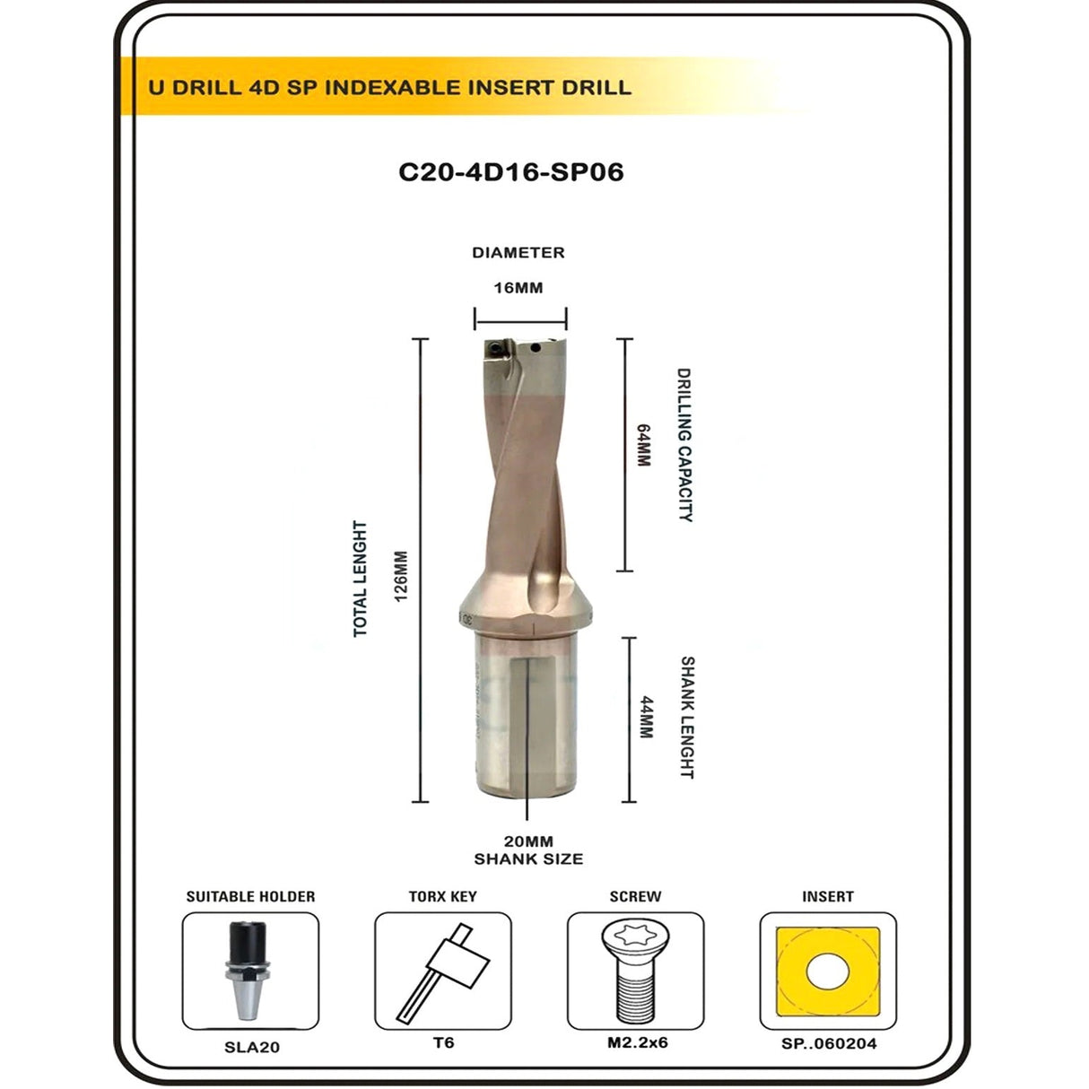 Indexable Insert U Drill 16 MM II Weldon Shank II Through Coolant II 10 pcs Carbide Inserts FREE