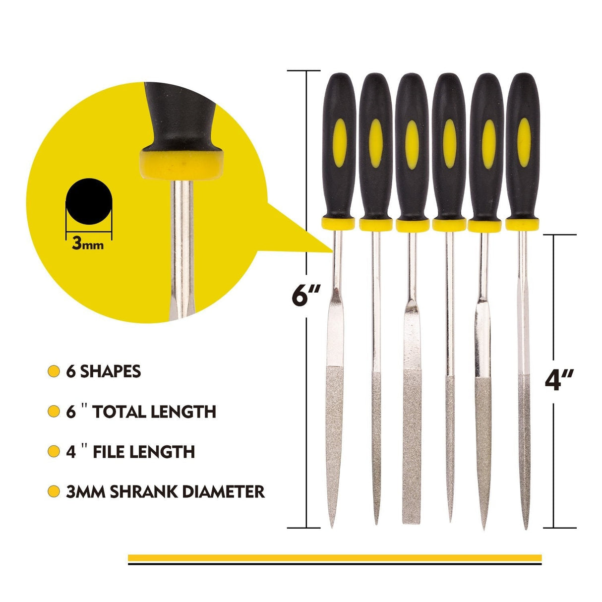 6-Pieces Needle File Set Hand Metal Files Flat Warding, Square, Triangular, Round, and Half-Round File.
