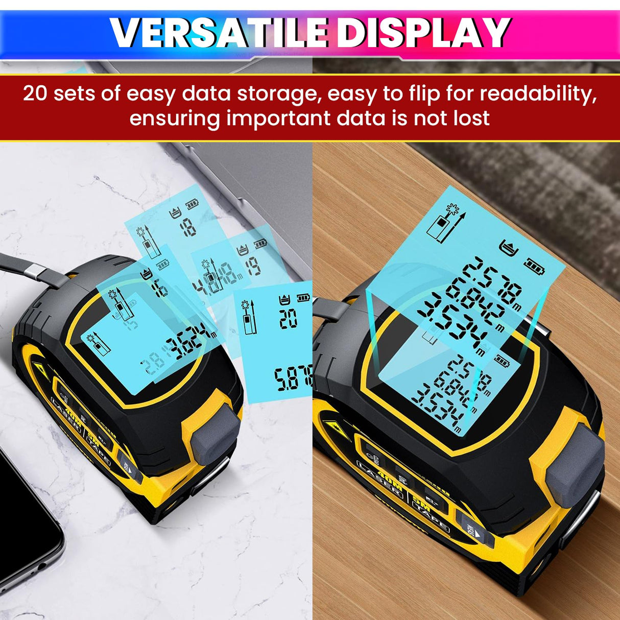 3-in-1 Laser Tape Measure 196 Ft Rechargeable Laser Measurement Tool & 16Ft Measuring Tape Movable Magnetic Hook Pythagorean Mode, Measure Distance, Area and Volume