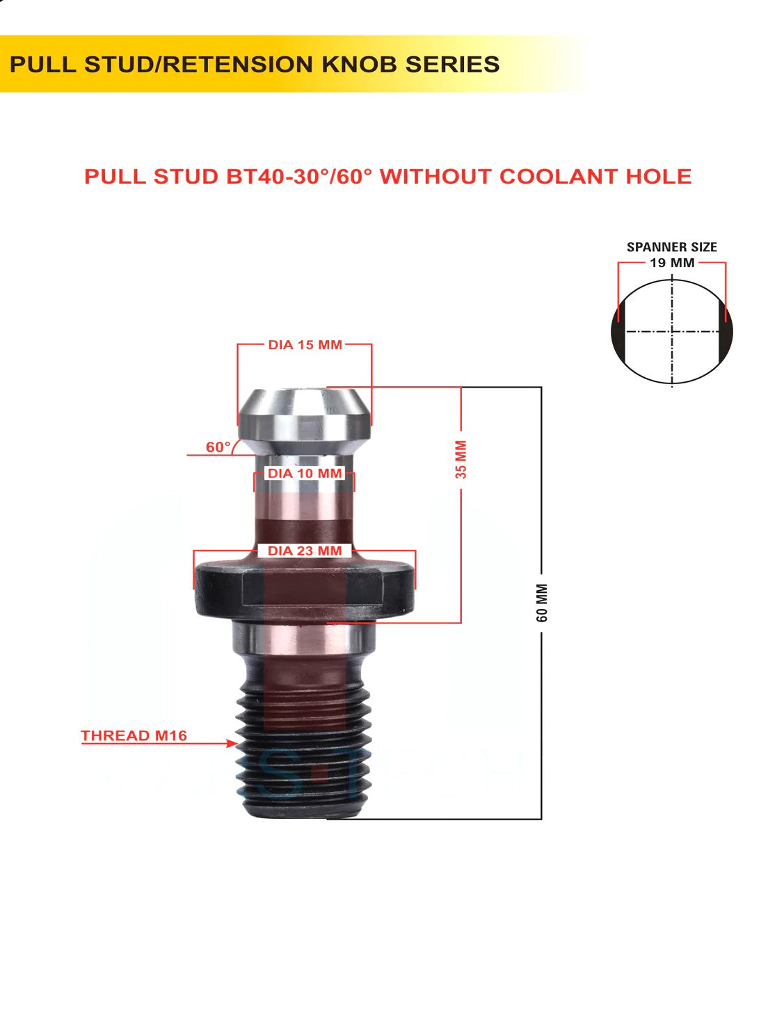 Set Of 5 BT40 Pull Stud for CNC Machines – Available in Multiple Degrees, With or Without Hole