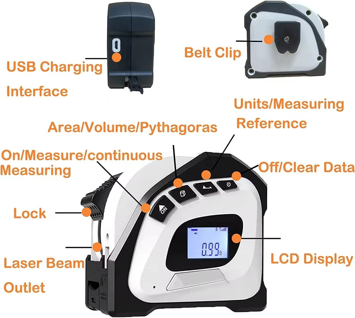 2-in-1 Laser Tape Measure 131 Ft Rechargeable Laser Measurement Tool & 16Ft Measuring Tape Movable Magnetic Hook Pythagorean Mode, Measure Distance, Area and Volume