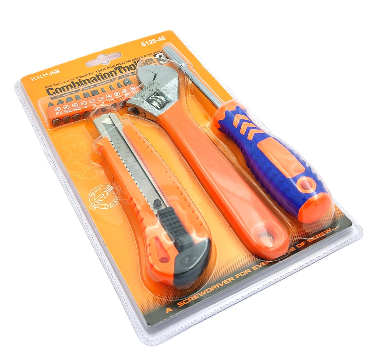 4 Pcs Combo of Retractable Utility Knife , Adjustable Wrench and 10 Pcs Multi-bits, Ratcheting Screwdriver tool set