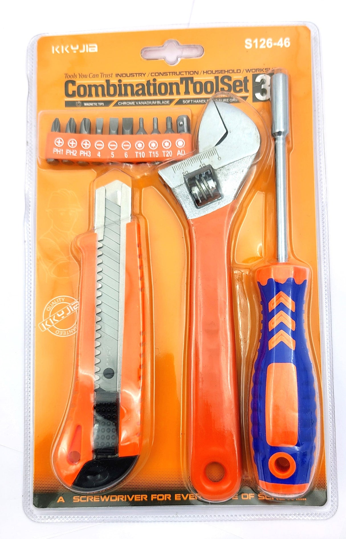4 Pcs Combo of Retractable Utility Knife , Adjustable Wrench and 10 Pcs Multi-bits, Ratcheting Screwdriver tool set