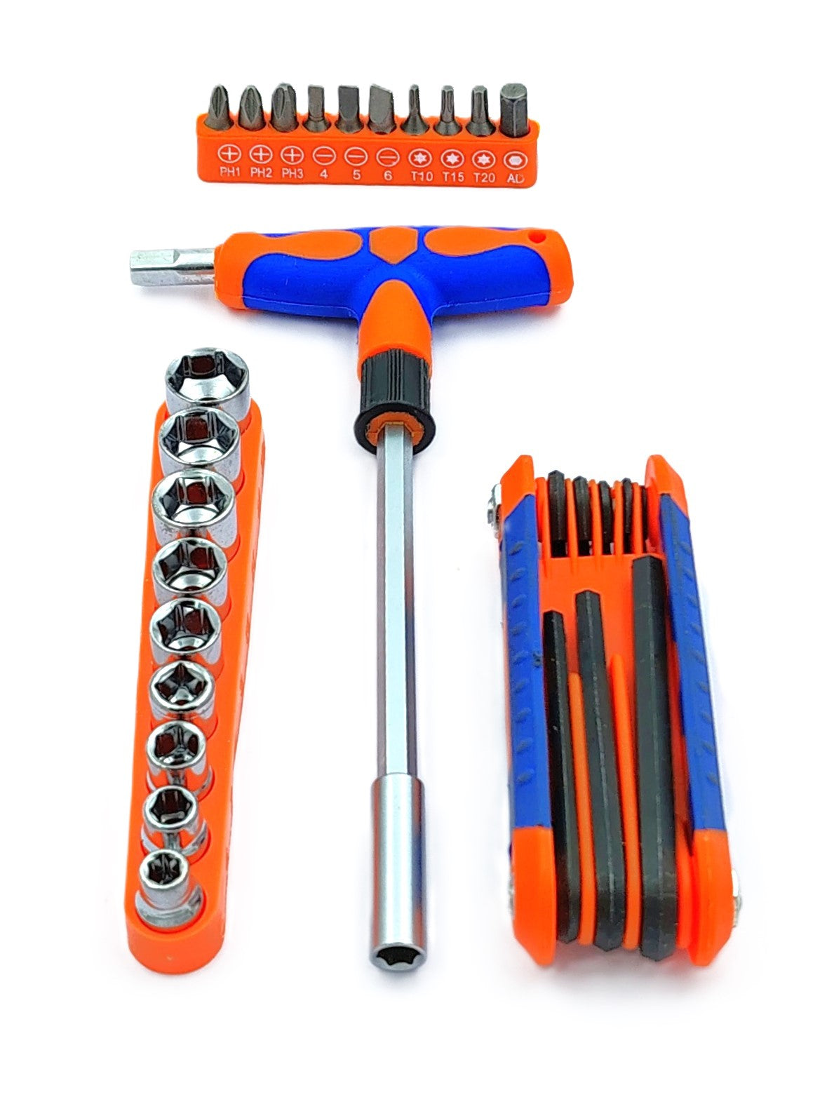 Set of 25 Pcs Magnetic T-Handle Ratchet Wrench and Screwdriver Set 9 Pc x sockets, 10 Pcs x Screw driver heads Set, 1 x Allen key Set, & 1 Pc x T-Handle Wrench