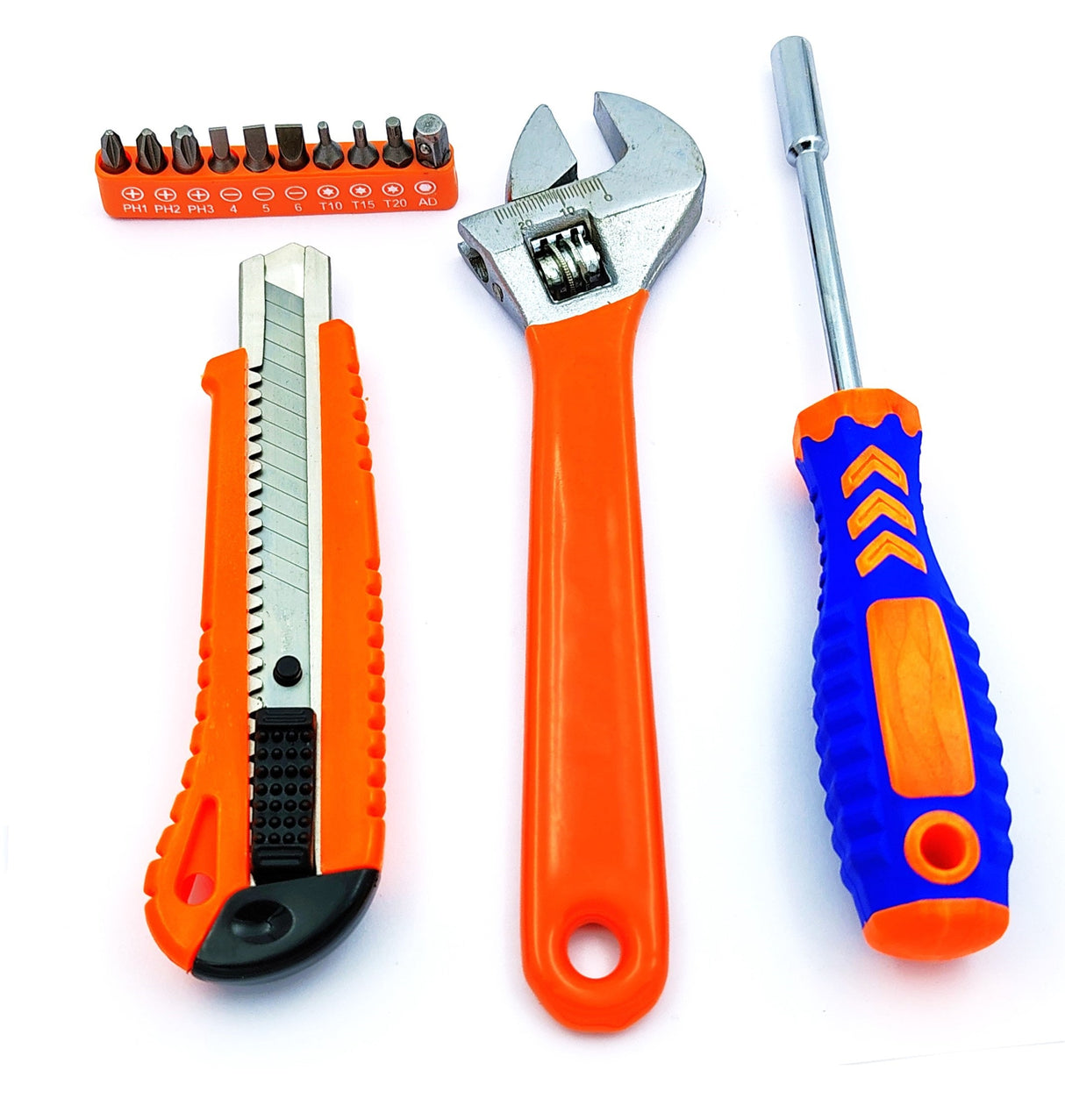 4 Pcs Combo of Retractable Utility Knife , Adjustable Wrench and 10 Pcs Multi-bits, Ratcheting Screwdriver tool set
