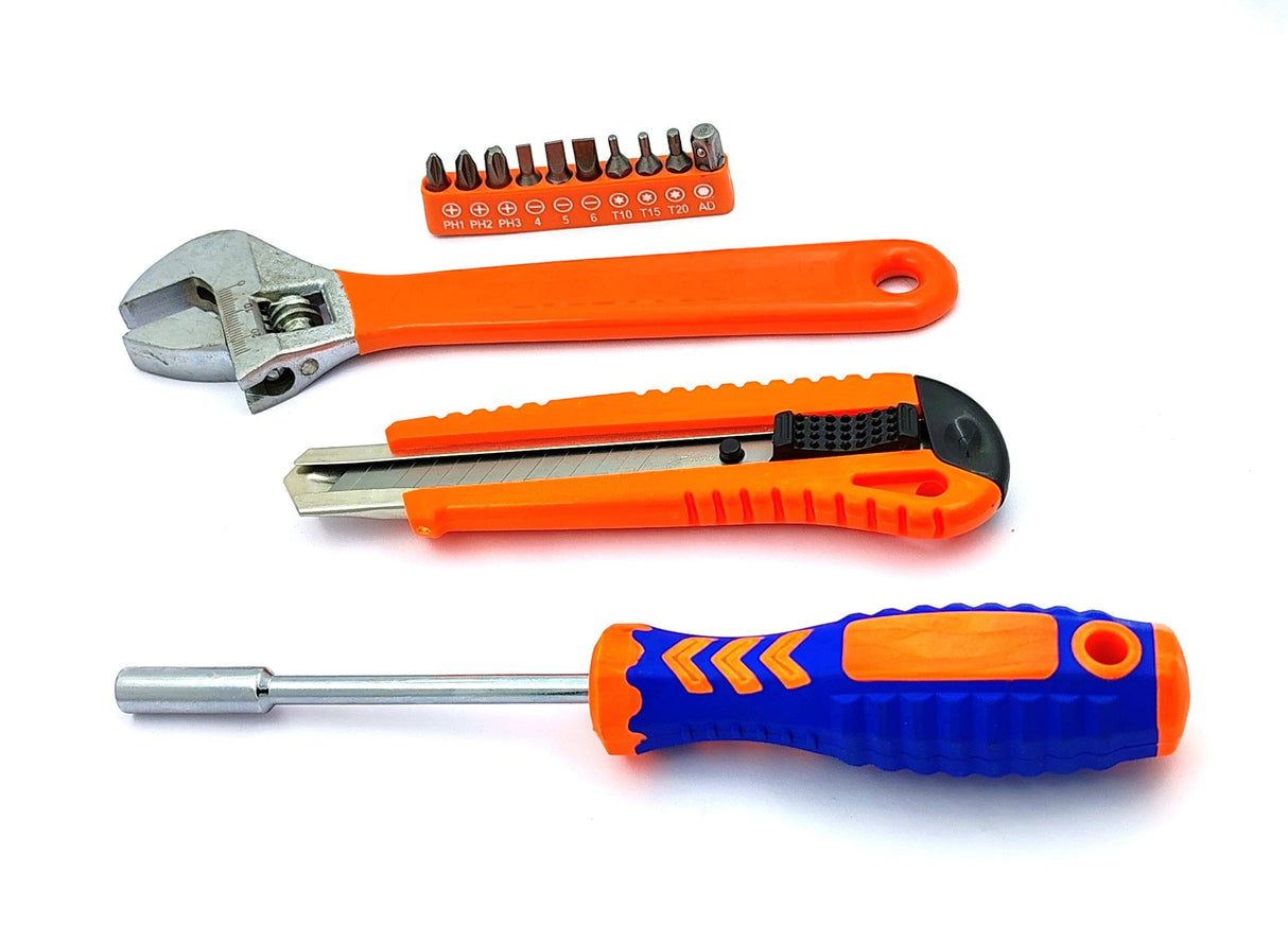 4 Pcs Combo of Retractable Utility Knife , Adjustable Wrench and 10 Pcs Multi-bits, Ratcheting Screwdriver tool set