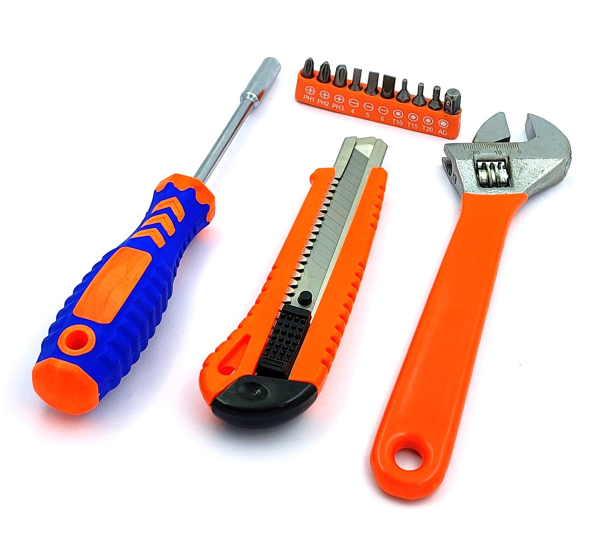 4 Pcs Combo of Retractable Utility Knife , Adjustable Wrench and 10 Pcs Multi-bits, Ratcheting Screwdriver tool set