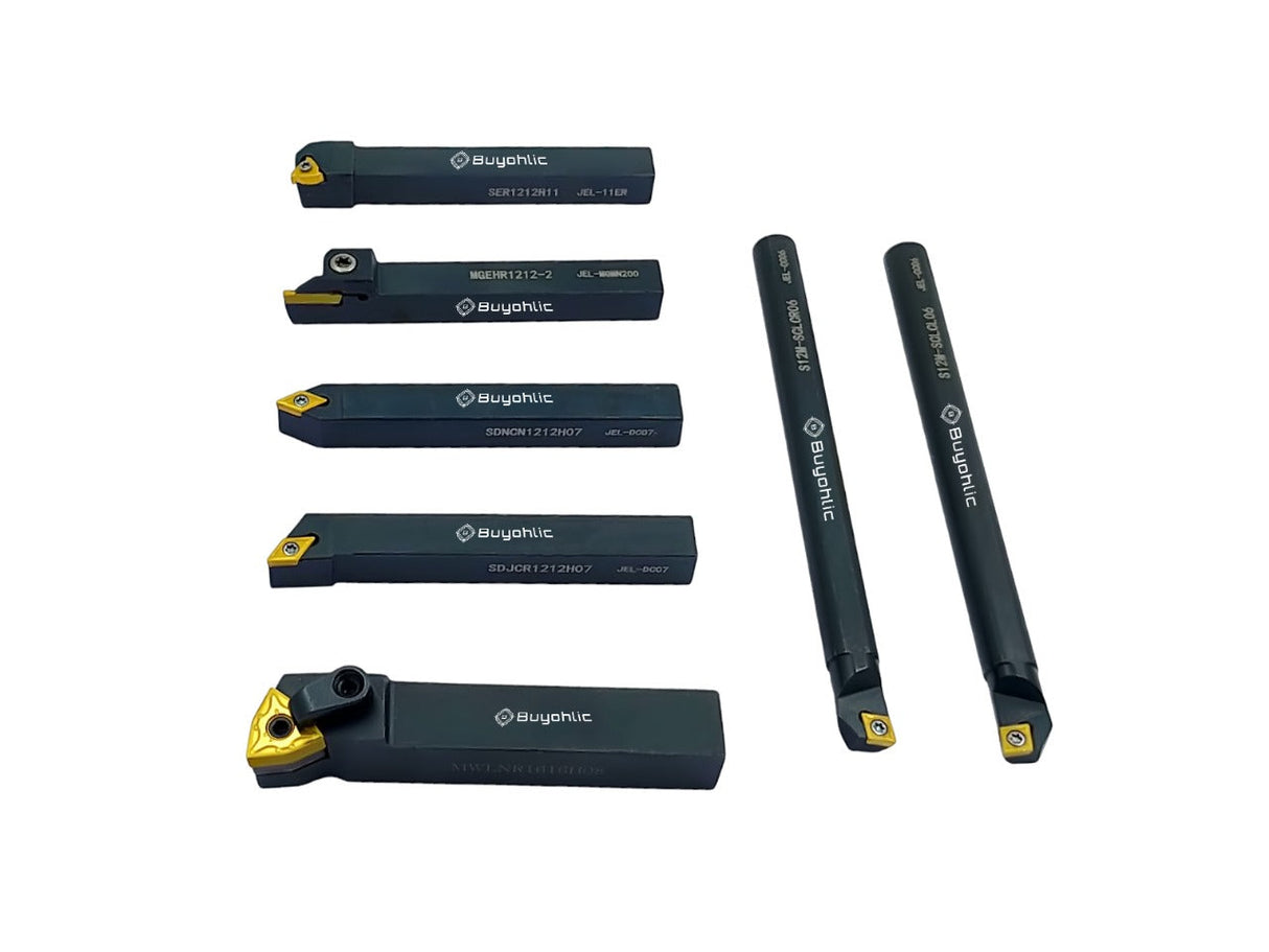 7 Pieces Carbide Turning Tool Set Indexable Lathe Turning / Grooving / Threading Tool-1/2" Shank with Tin Coated Carbide Inserts Turning insert