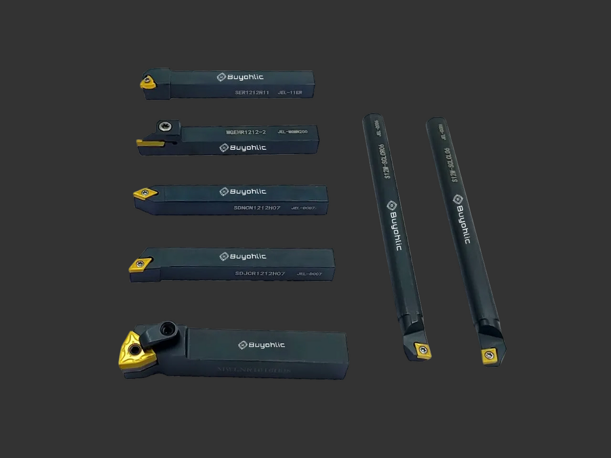 7 Pieces Carbide Turning Tool Set Indexable Lathe Turning / Grooving / Threading Tool-1/2" Shank with Tin Coated Carbide Inserts Turning insert