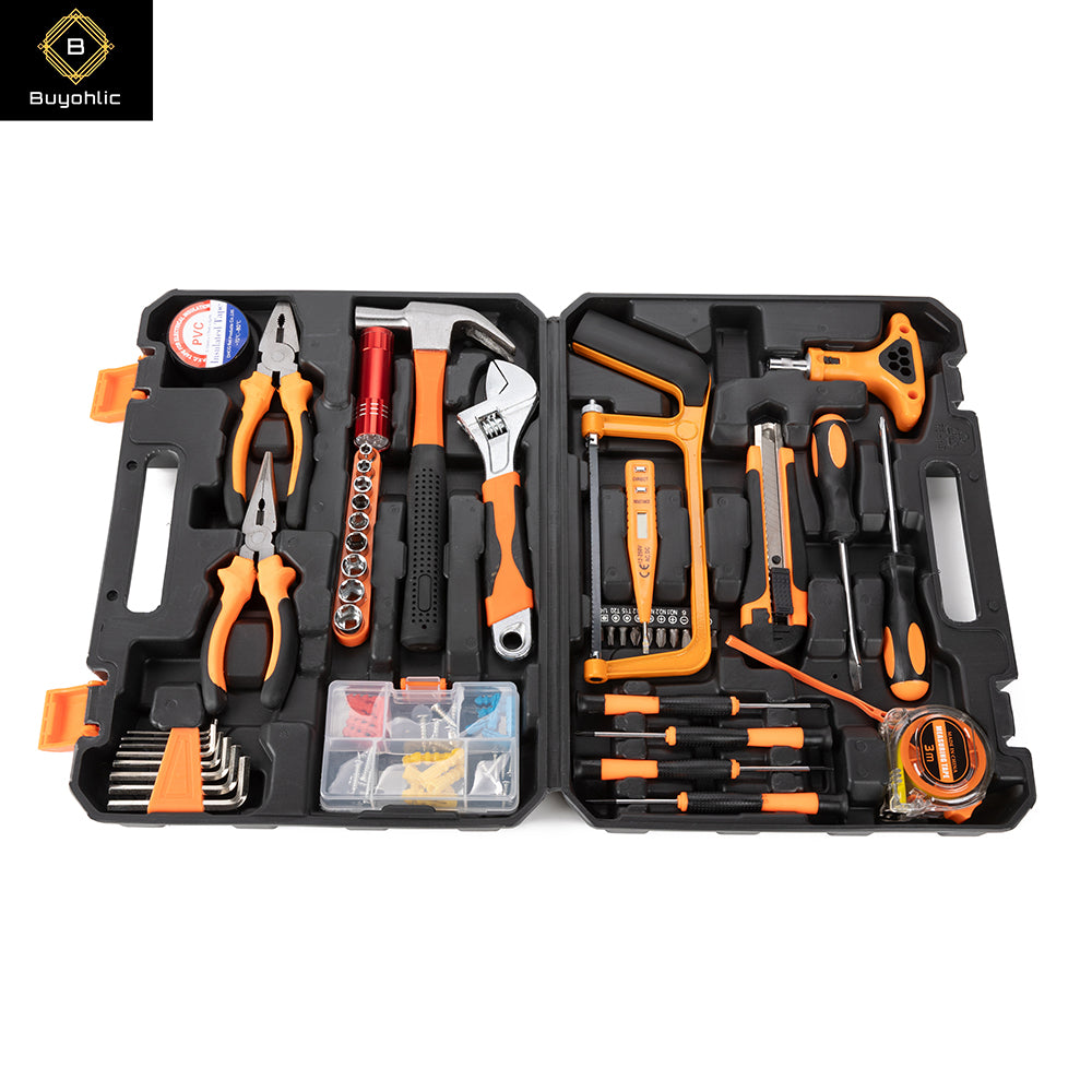 Buyohlic 44 Pcs Complete Repair General Hand Tool Set for Men Women - Household Tool Kit for Home Improvement with Hammer & Pliers Set & Ratchet Wrench & Socket & Protable Tool Box Case