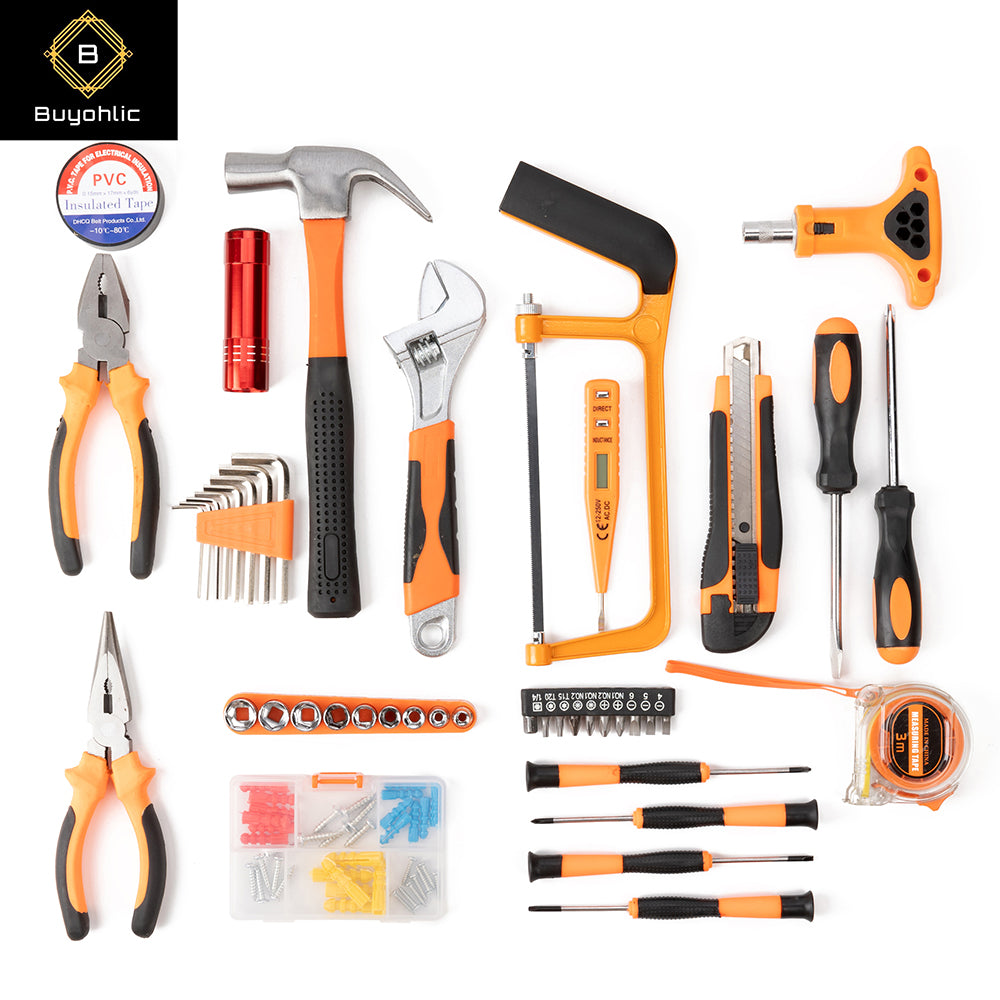 Buyohlic 44 Pcs Complete Repair General Hand Tool Set for Men Women - Household Tool Kit for Home Improvement with Hammer & Pliers Set & Ratchet Wrench & Socket & Protable Tool Box Case