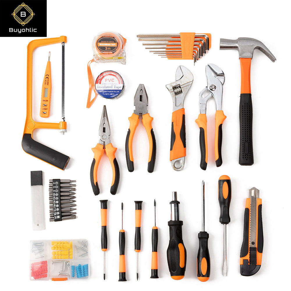 Buyohlic 36 Pcs Complete Repair General Hand Tool Set for Men Women - Household Tool Kit for Home Improvement with Hammer & Pliers Set & Ratchet Wrench & Socket & Portable Tool Box Case