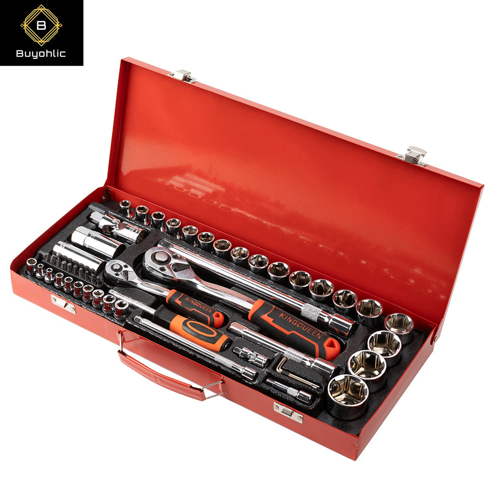 Buyohlic 41-Pieces Drive Socket Set 1/4'' and 1/2'' Metric and Imperial Sockets Quick Release Reversible Ratchet