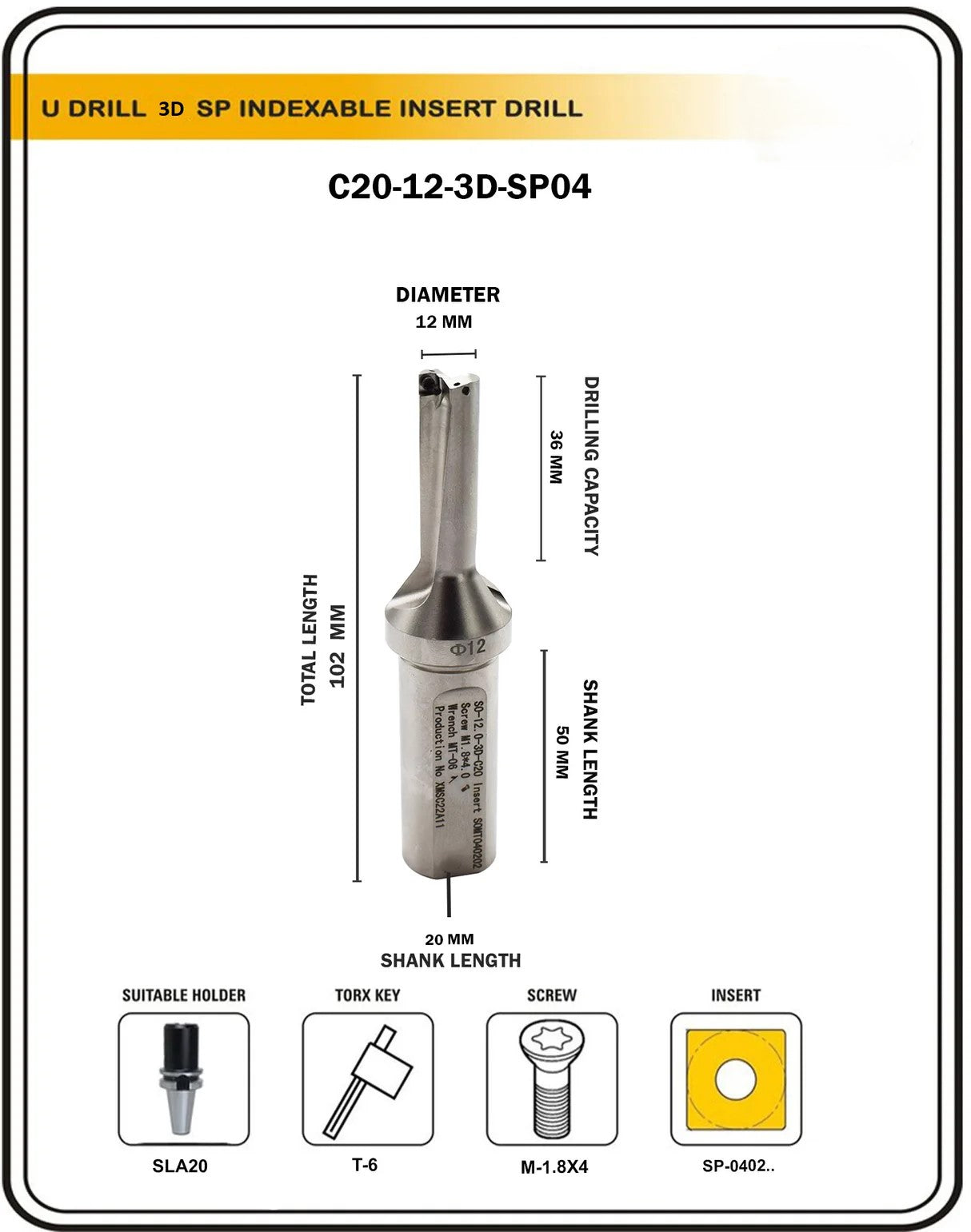 Indexable Insert U Drill 12 MM II Weldon Shank II Through Coolant II 10 pcs Carbide Inserts FREE