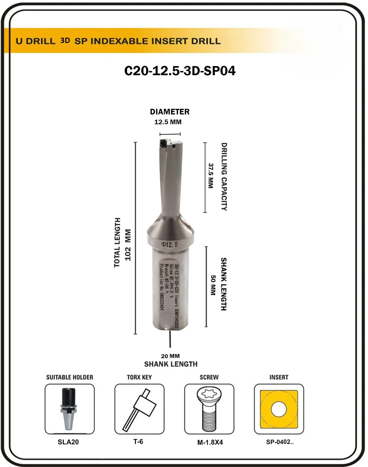 Indexable Insert U Drill 12.5 MM II Weldon Shank II Through Coolant II 10 pcs Carbide Inserts FREE