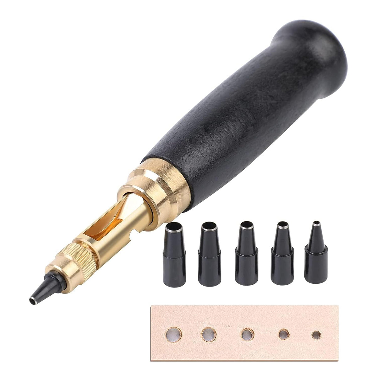 Screw Punch Set Wood Handle Belt Hole Puncher, Adjustable Leather Hole Punch Tool