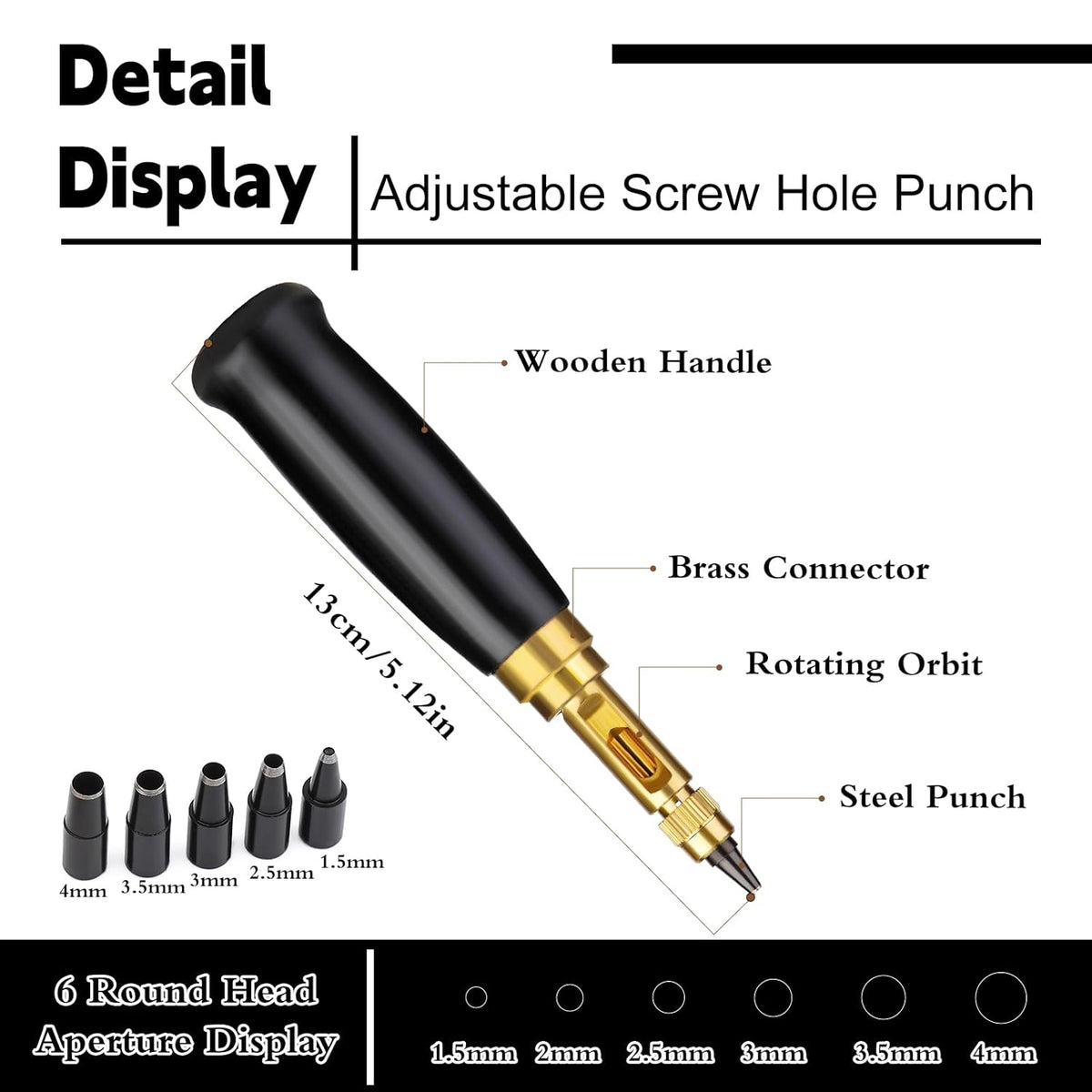 Screw Punch Set Wood Handle Belt Hole Puncher, Adjustable Leather Hole Punch Tool