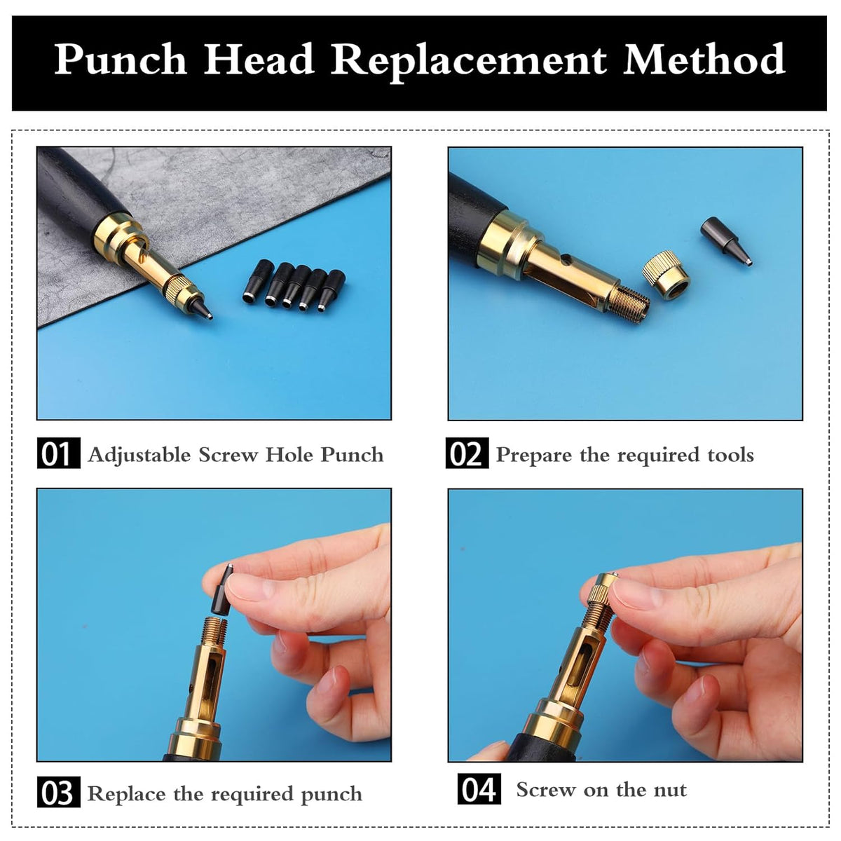 Screw Punch Set Wood Handle Belt Hole Puncher, Adjustable Leather Hole Punch Tool