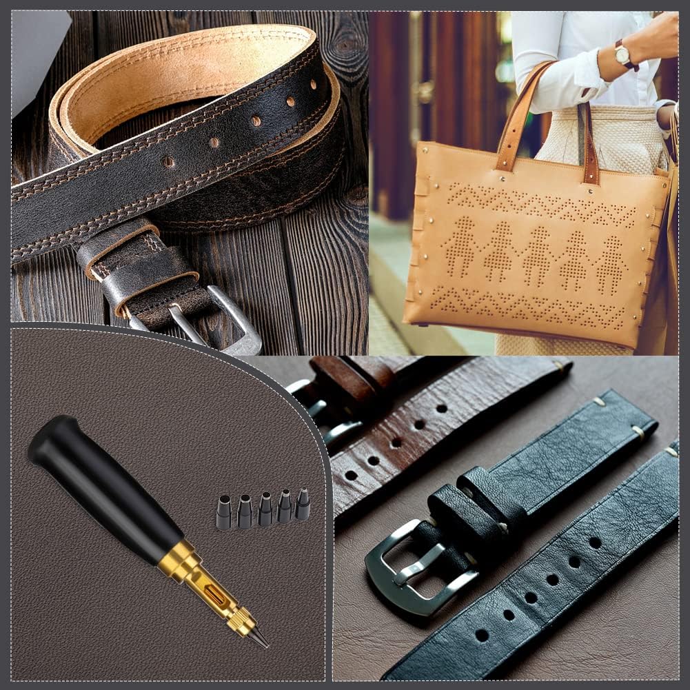 Screw Punch Set Wood Handle Belt Hole Puncher, Adjustable Leather Hole Punch Tool