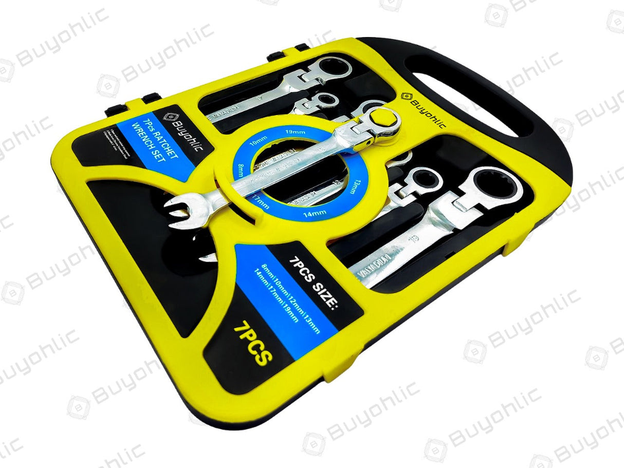 Buyohlic 7-Piece Flex-Head Metric Ratcheting Wrench Set Metric 8 to 19mm Standard Spanners CR-V Steel, with Organizer Rack