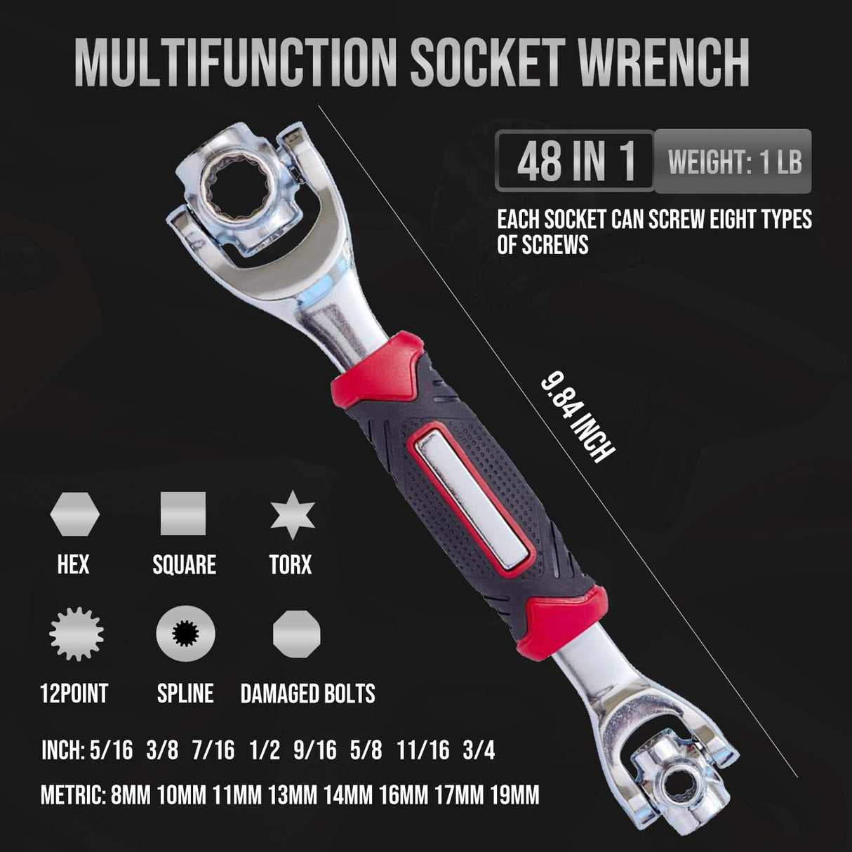 48 in 1 Socket Wrench, Stainless Steel Multi Function Wrench Tool with 360 Degree Rotating Head, Universal Wrench with Rubber Handle