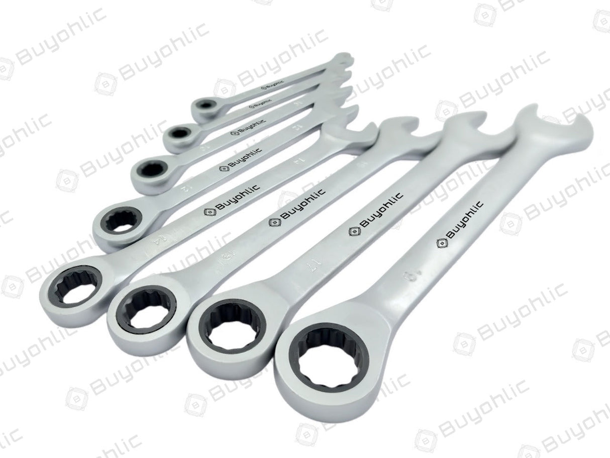 Buyohlic 8 Pcs Ratcheting Wrench Set Matt Finish with Rack Organizer Premium CR-V Steel 72 Teeth