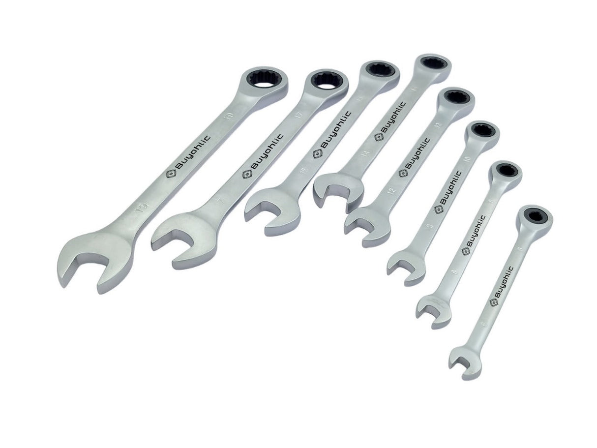 Buyohlic 8 Pcs Ratcheting Wrench Set Matt Finish with Rack Organizer Premium CR-V Steel 72 Teeth