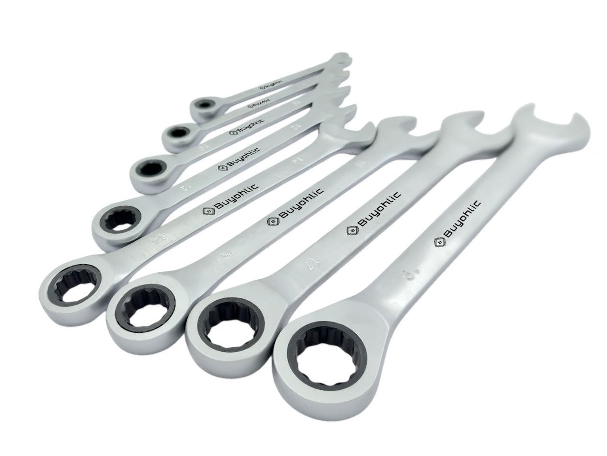 Buyohlic 8 Pcs Ratcheting Wrench Set Matt Finish with Rack Organizer Premium CR-V Steel 72 Teeth