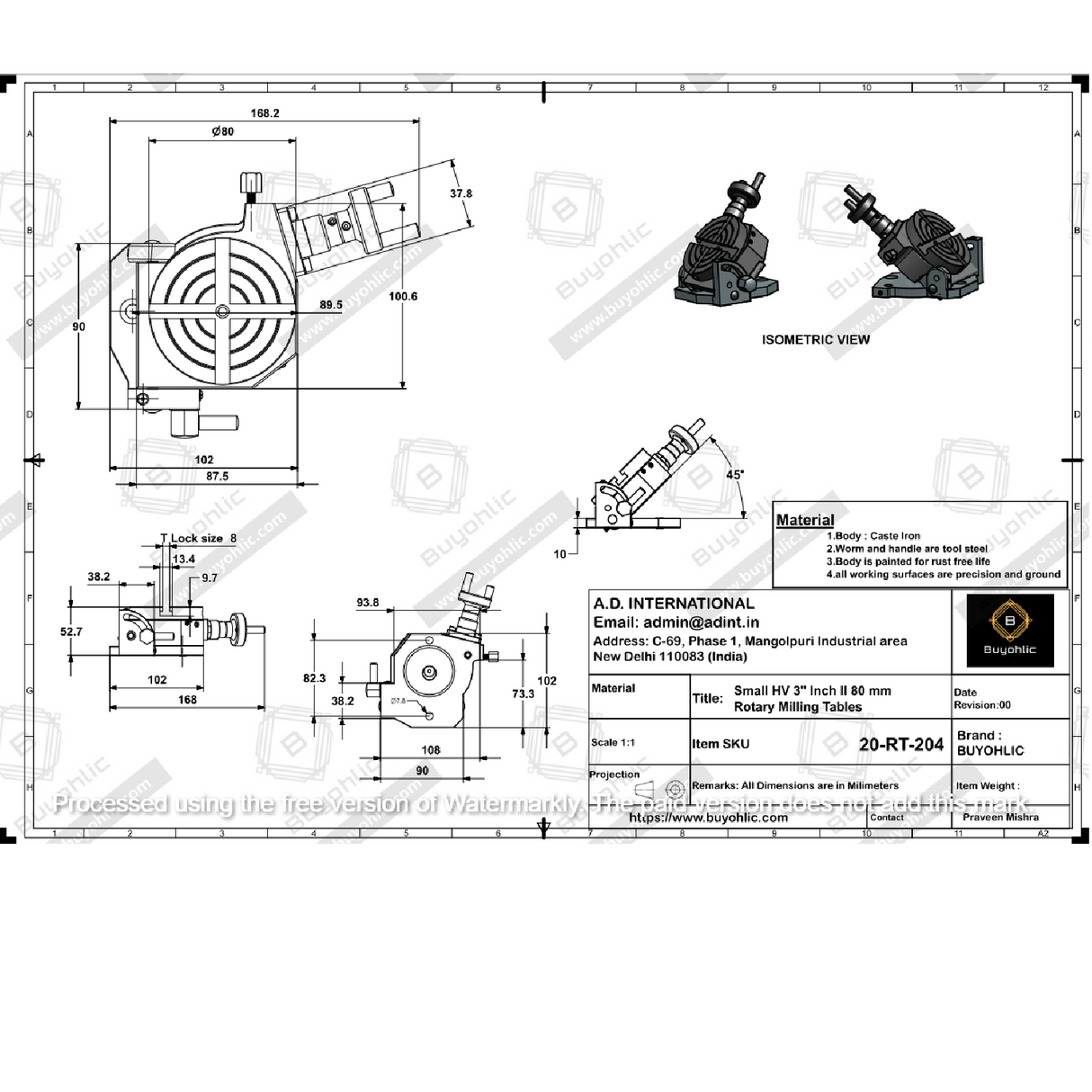 Small HV 3" Inch II 80 mm Rotary Milling Table