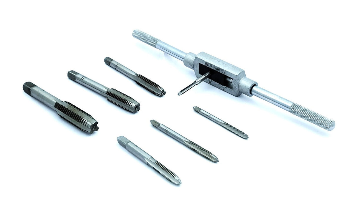 8 pcs Taps Set with Adjustable Tap Wrench 1/16-1/2'' for Internal and External Threading Taps Size M3 M4 M5 M6 M8 M10 M12