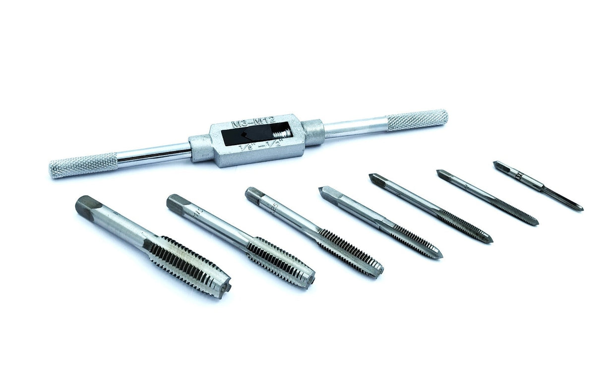 8 pcs Taps Set with Adjustable Tap Wrench 1/16-1/2'' for Internal and External Threading Taps Size M3 M4 M5 M6 M8 M10 M12
