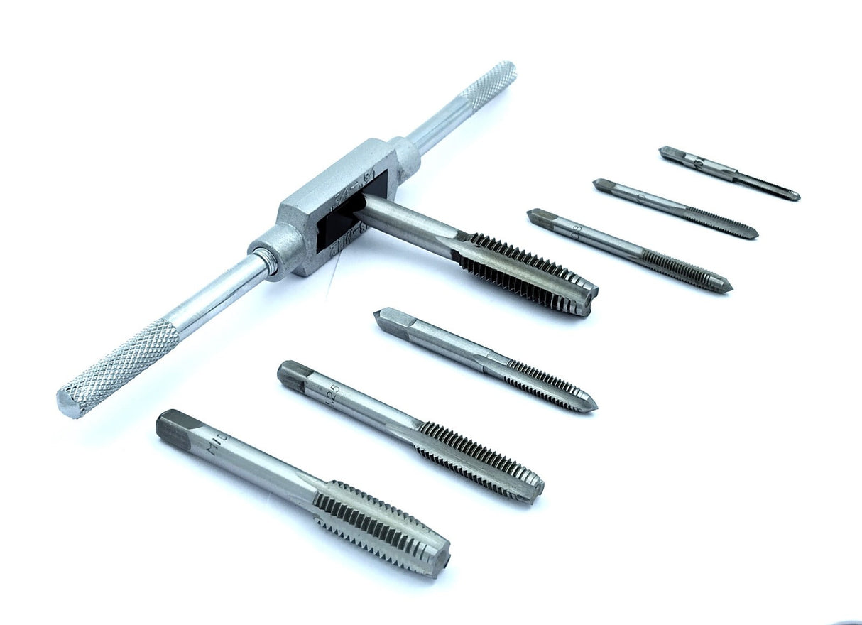 8 pcs Taps Set with Adjustable Tap Wrench 1/16-1/2'' for Internal and External Threading Taps Size M3 M4 M5 M6 M8 M10 M12