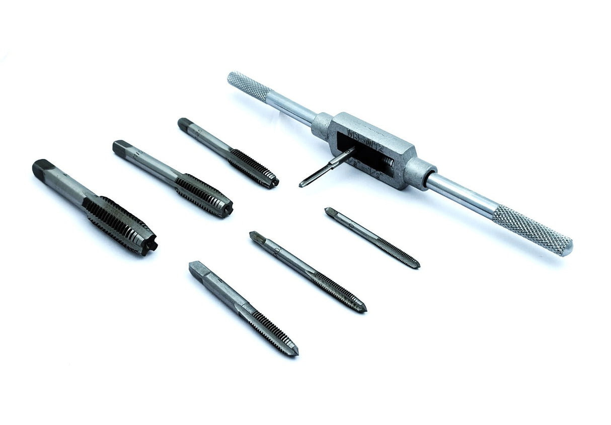 Buyohlic 8 pcs Taps Set with Adjustable Tap Wrench 1/16-1/2'' for Internal and External Threading Taps Size M3 M4 M5 M6 M8 M10 M12