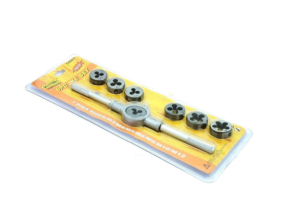 Set of 8 Pcs Metric Die Set & Adjustable Wrench Holder with M3-M12 Dies