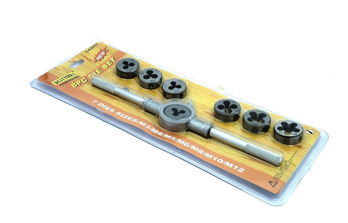 Set of 8 Pcs Metric Die Set & Adjustable Wrench Holder with M3-M12 Dies