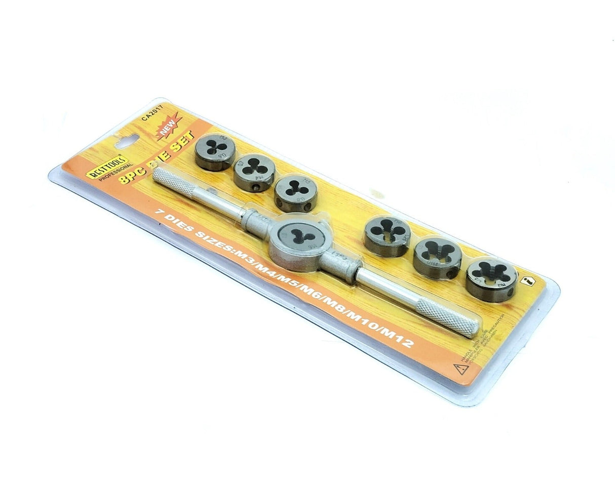 Set of 8 Pcs Metric Die Set & Adjustable Wrench Holder with M3-M12 Dies