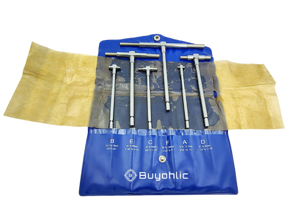 5/16'' to 6'' Telescoping Gage Set of 6 pcs T-Bore Hole Gauges Satin Chrome Finished