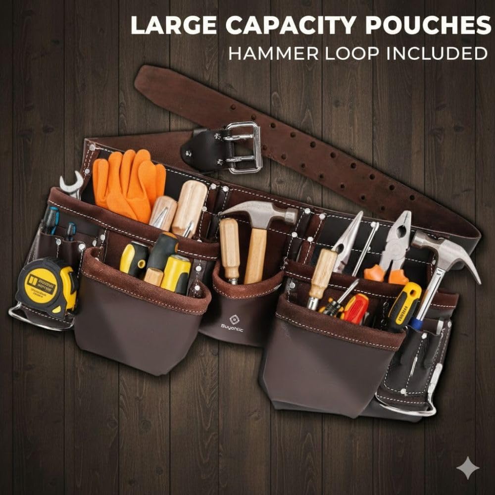 Leather Tool Belt Pouch Bag, 12-Pocket Extra Large Carpenter Tool Belt for Construction, Framers & Handyman, Fits 28″–40″ Waist