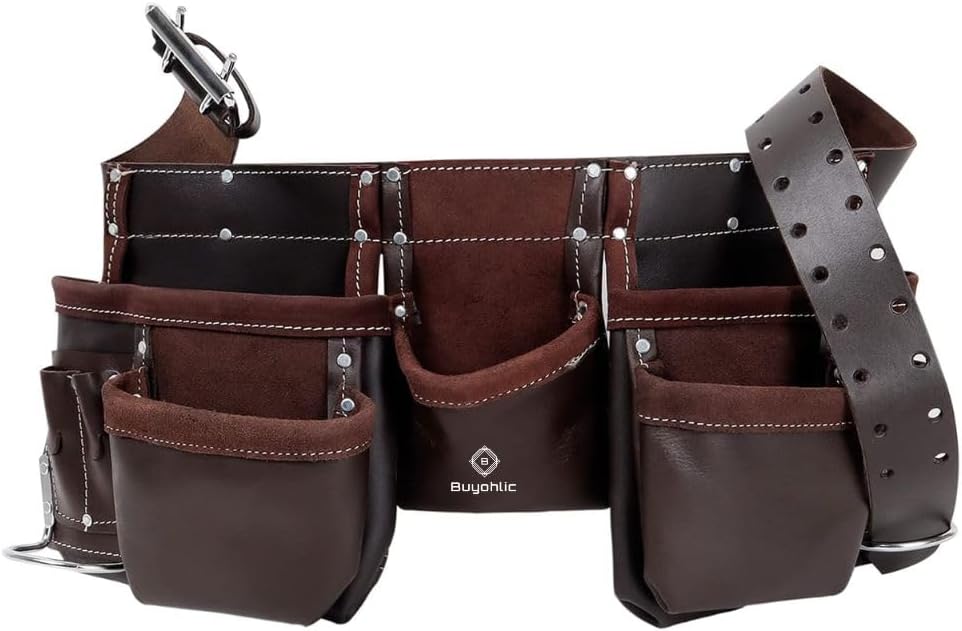 Leather Tool Belt Pouch Bag, 12-Pocket Extra Large Carpenter Tool Belt for Construction, Framers & Handyman, Fits 28″–40″ Waist