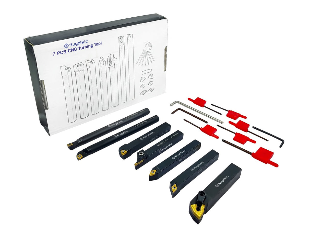 7 Pieces Carbide Turning Tool Set Indexable Lathe Turning / Grooving / Threading Tool-1/2" Shank with Tin Coated Carbide Inserts Turning insert