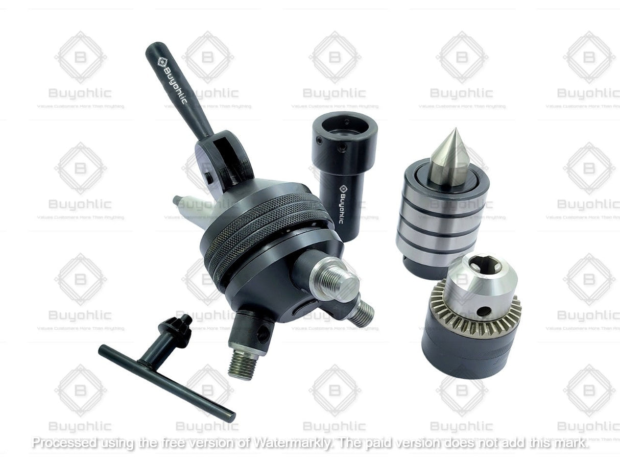 Grip-Fast 2MT head Tailstock Turret for Lathe, Alloy Steel & Stainless Steel, Includes 1 Live Centre, Die Holder, 2 Drill Chucks, Comprehensive Accessory Set