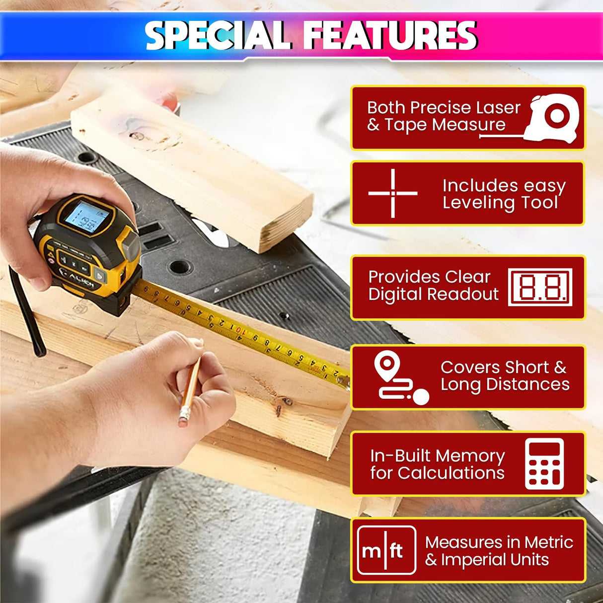 3-in-1 Laser Tape Measure 196 Ft Rechargeable Laser Measurement Tool & 16Ft Measuring Tape Movable Magnetic Hook Pythagorean Mode, Measure Distance, Area and Volume