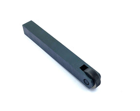 Lathe knurling tool holder arm close-up