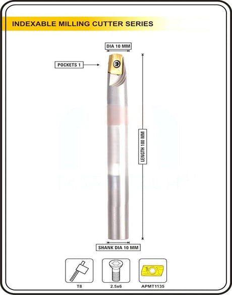 Indexable Insert Endmill 10MM II  Single POCKET II 10 Pcs APMT1135 Carbide Inserts Free
