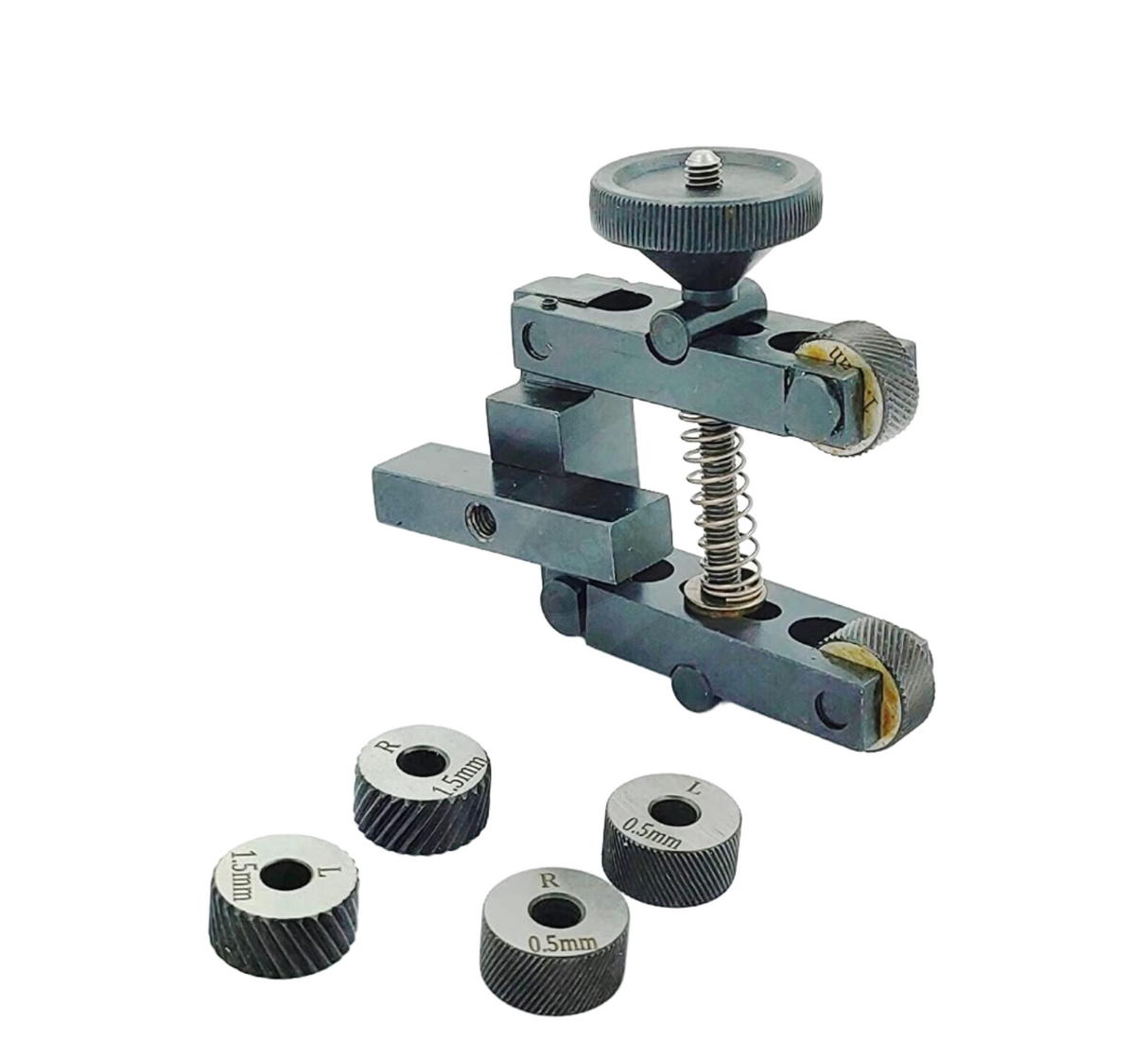 Metalworking clamp type knurling tool with knurl wheels set