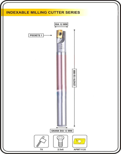 Indexable Insert Endmill 12MM II  Single POCKET II 10 Pcs APMT1135 Carbide Inserts Free